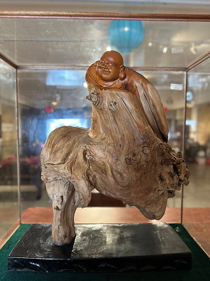 Thuja Wood Buddha Sculpture encased in Glass Box