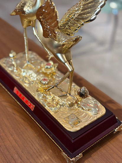 Gold-Painted Copper Swan Statue with Wooden Base