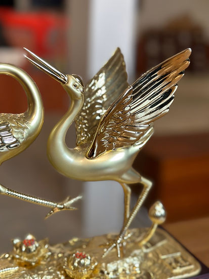 Gold-Painted Copper Swan Statue with Wooden Base