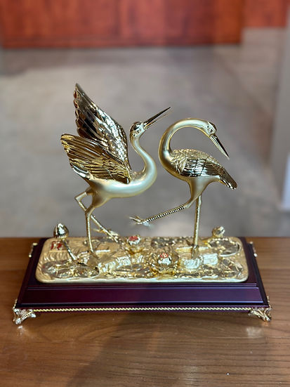 Gold-Painted Copper Swan Statue with Wooden Base