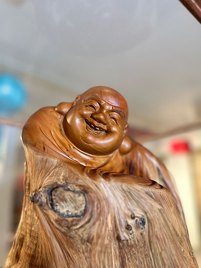 Thuja Wood Buddha Sculpture encased in Glass Box