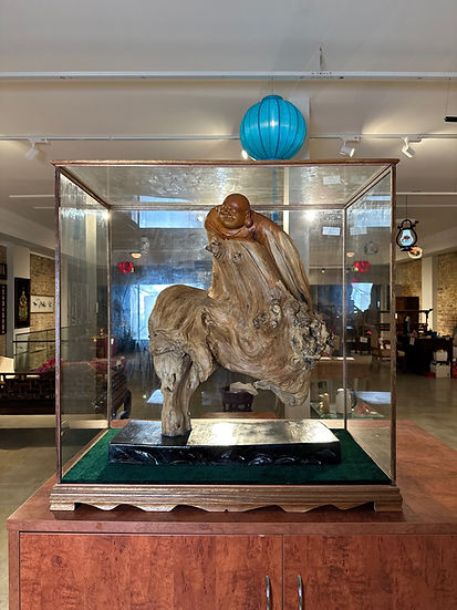 Thuja Wood Buddha Sculpture encased in Glass Box