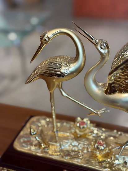 Gold-Painted Copper Swan Statue with Wooden Base