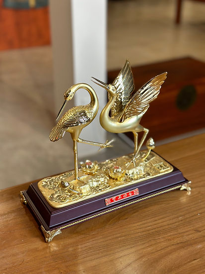 Gold-Painted Copper Swan Statue with Wooden Base