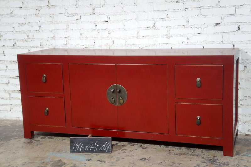 4 Drawer Red Painted Elm Wood Sideboard - Red (S4-1360)