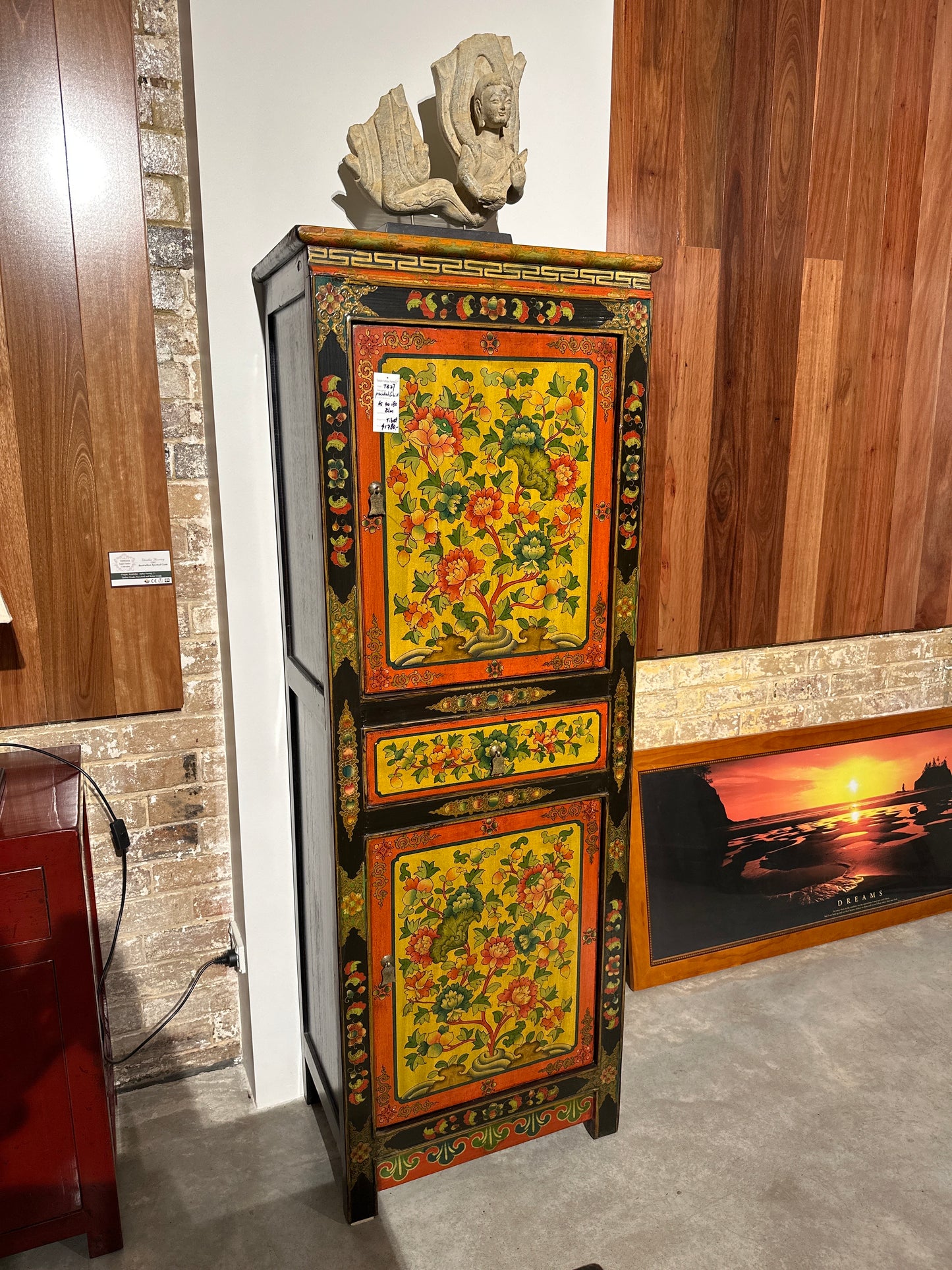 Traditional Tibetan Flower Design Painted Tall Cabinet