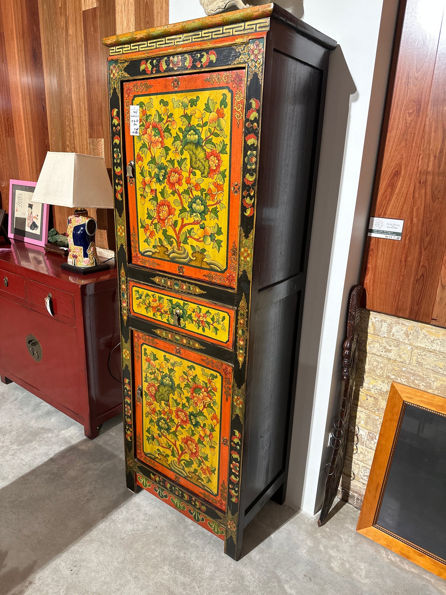 Traditional Tibetan Flower Design Painted Tall Cabinet