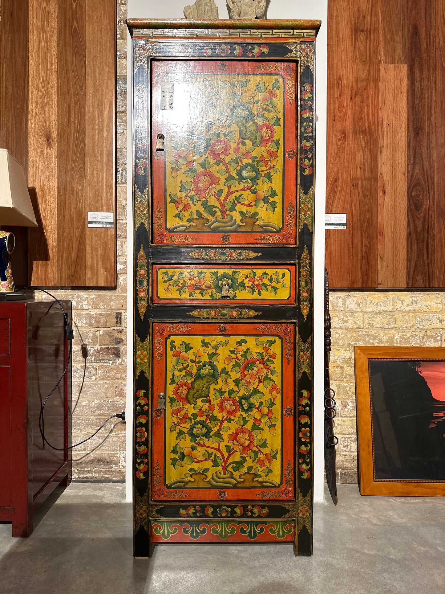 Traditional Tibetan Flower Design Painted Tall Cabinet