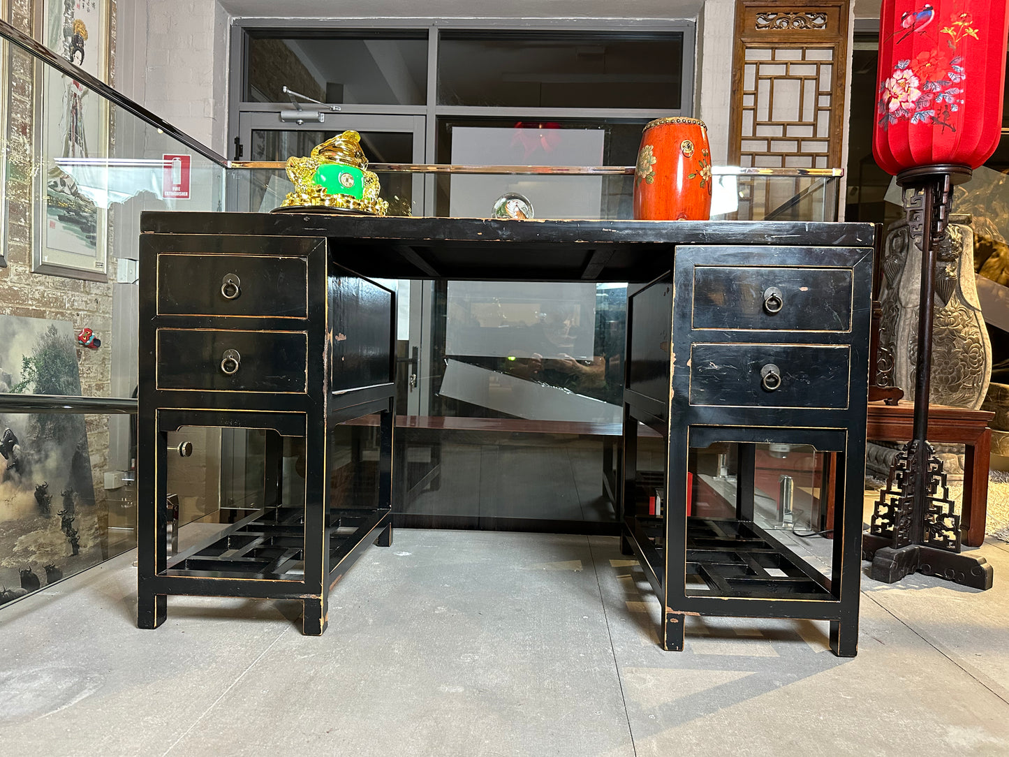 Marble Top Black Lacquer Elm Wood Desk