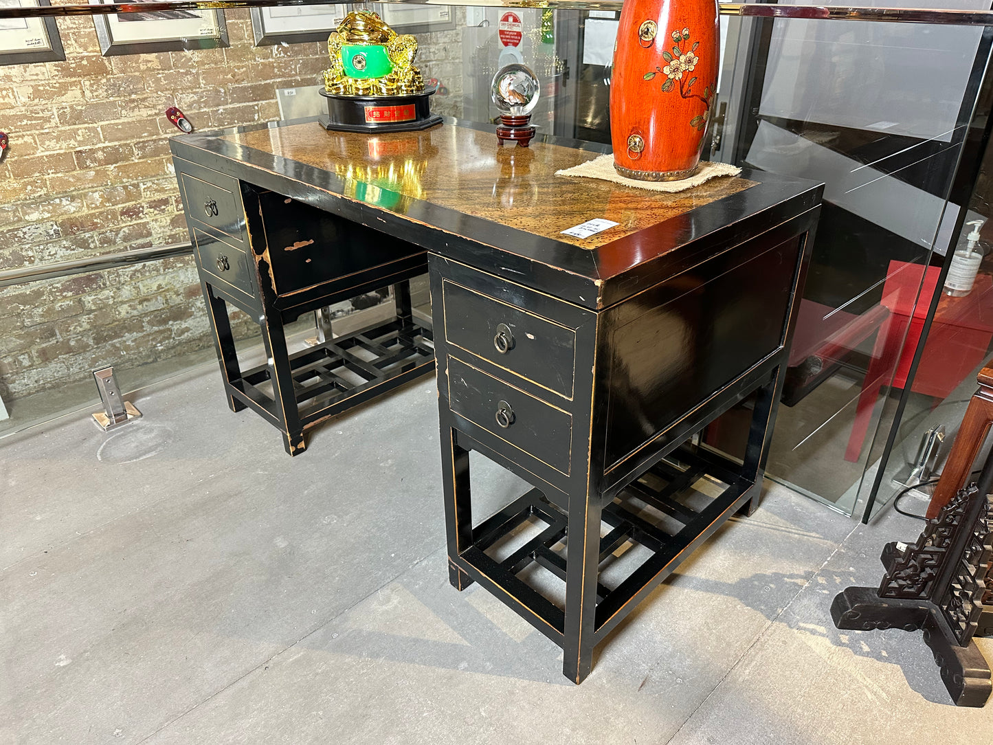 Marble Top Black Lacquer Elm Wood Desk