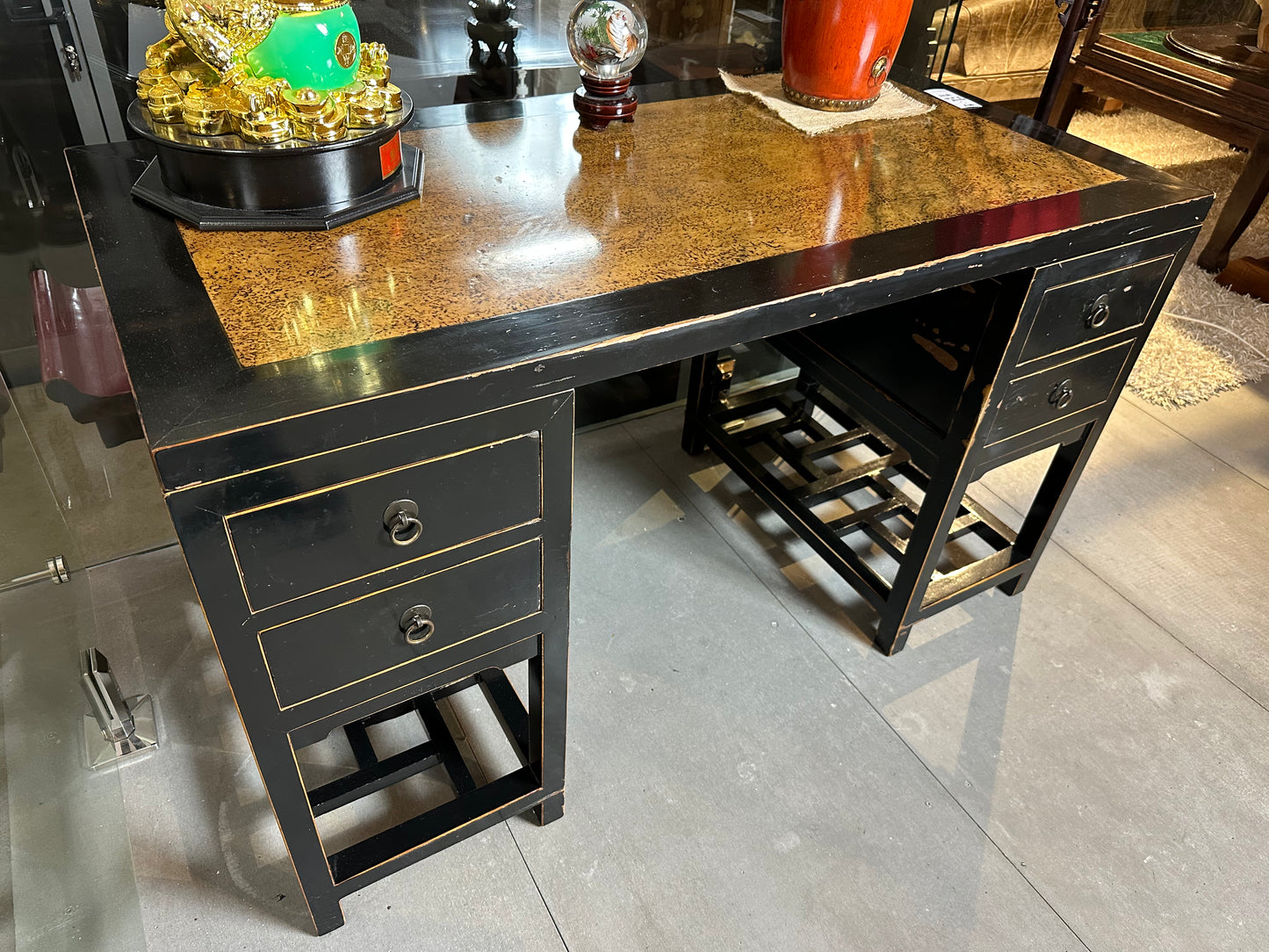 Marble Top Black Lacquer Elm Wood Desk