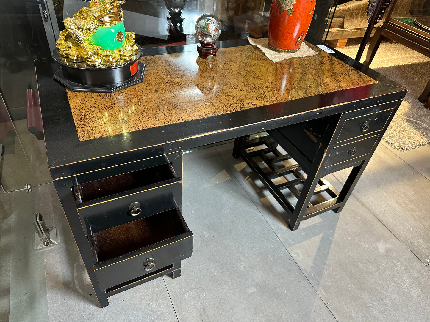 Marble Top Black Lacquer Elm Wood Desk