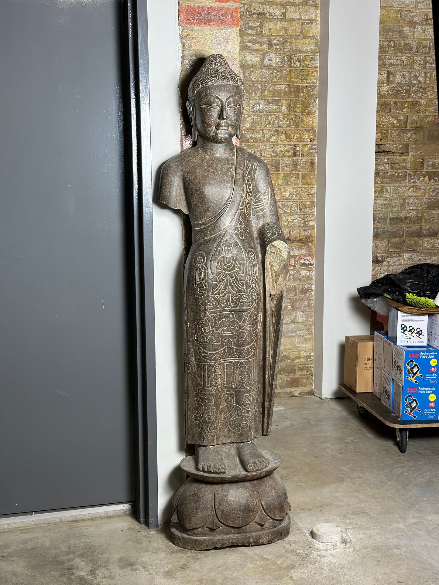 Traditional Chinese Standing Buddha Black Stone Statue - Damaged