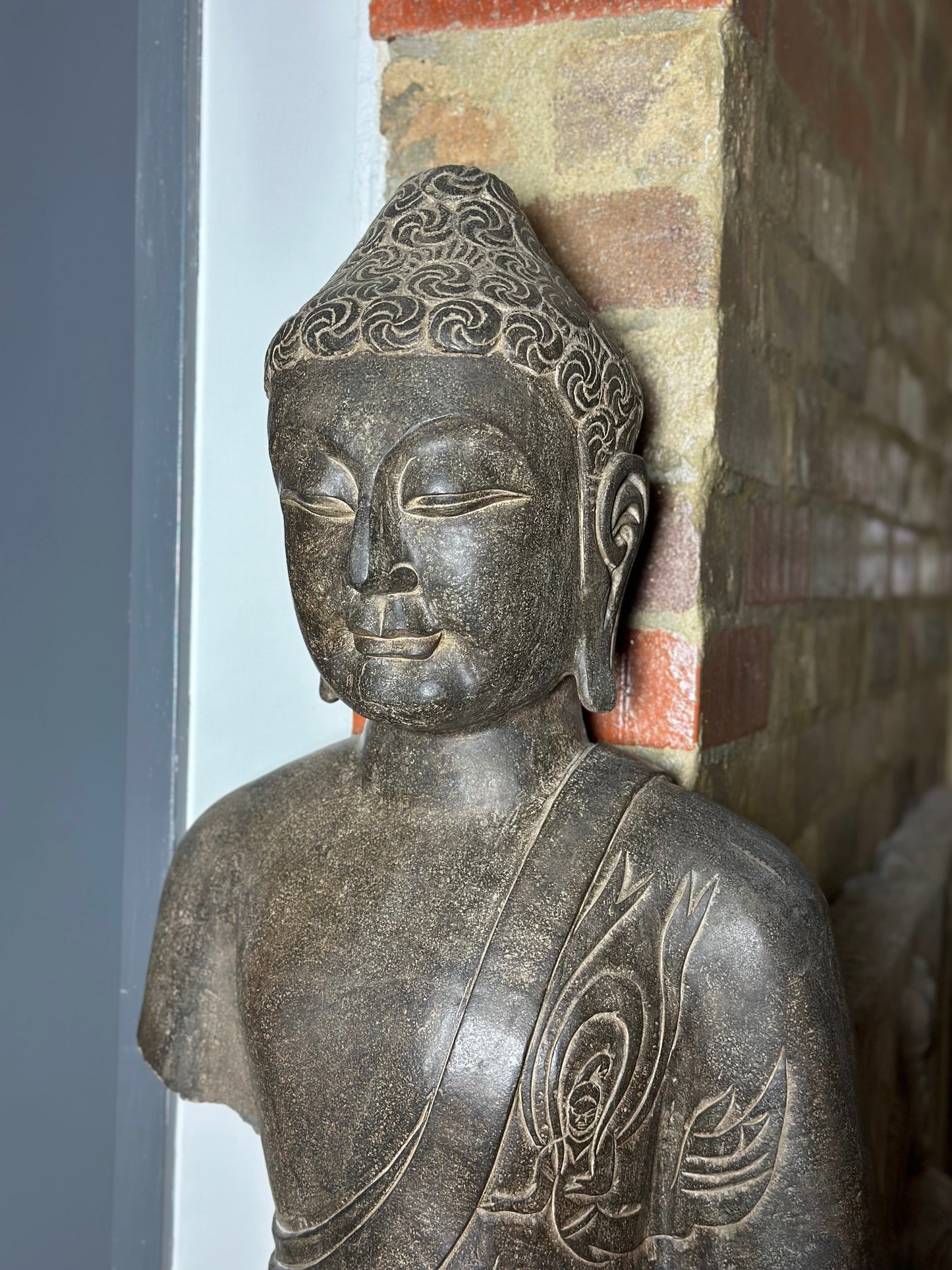 Traditional Chinese Standing Buddha Black Stone Statue - Damaged