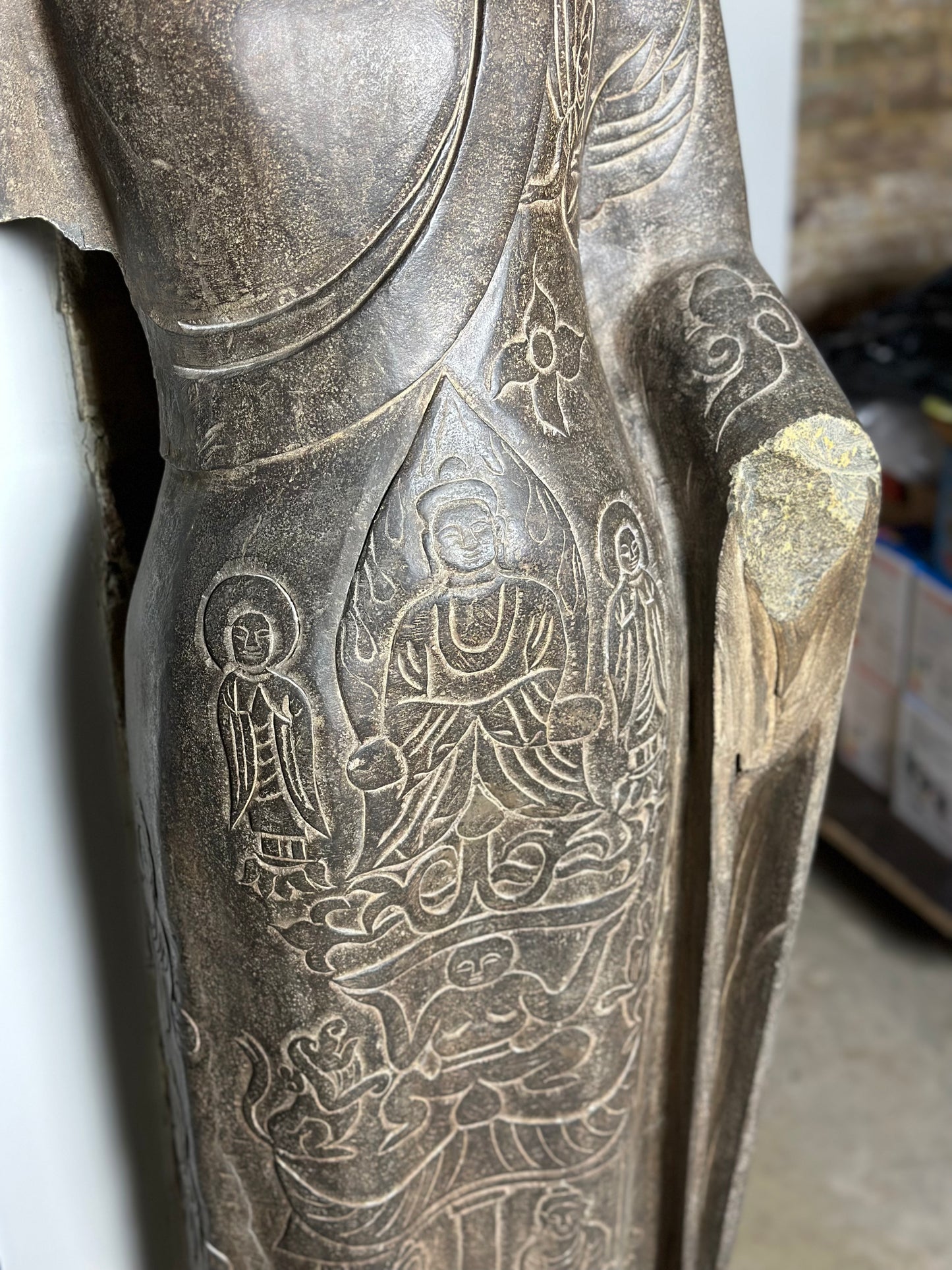 Traditional Chinese Standing Buddha Black Stone Statue - Damaged