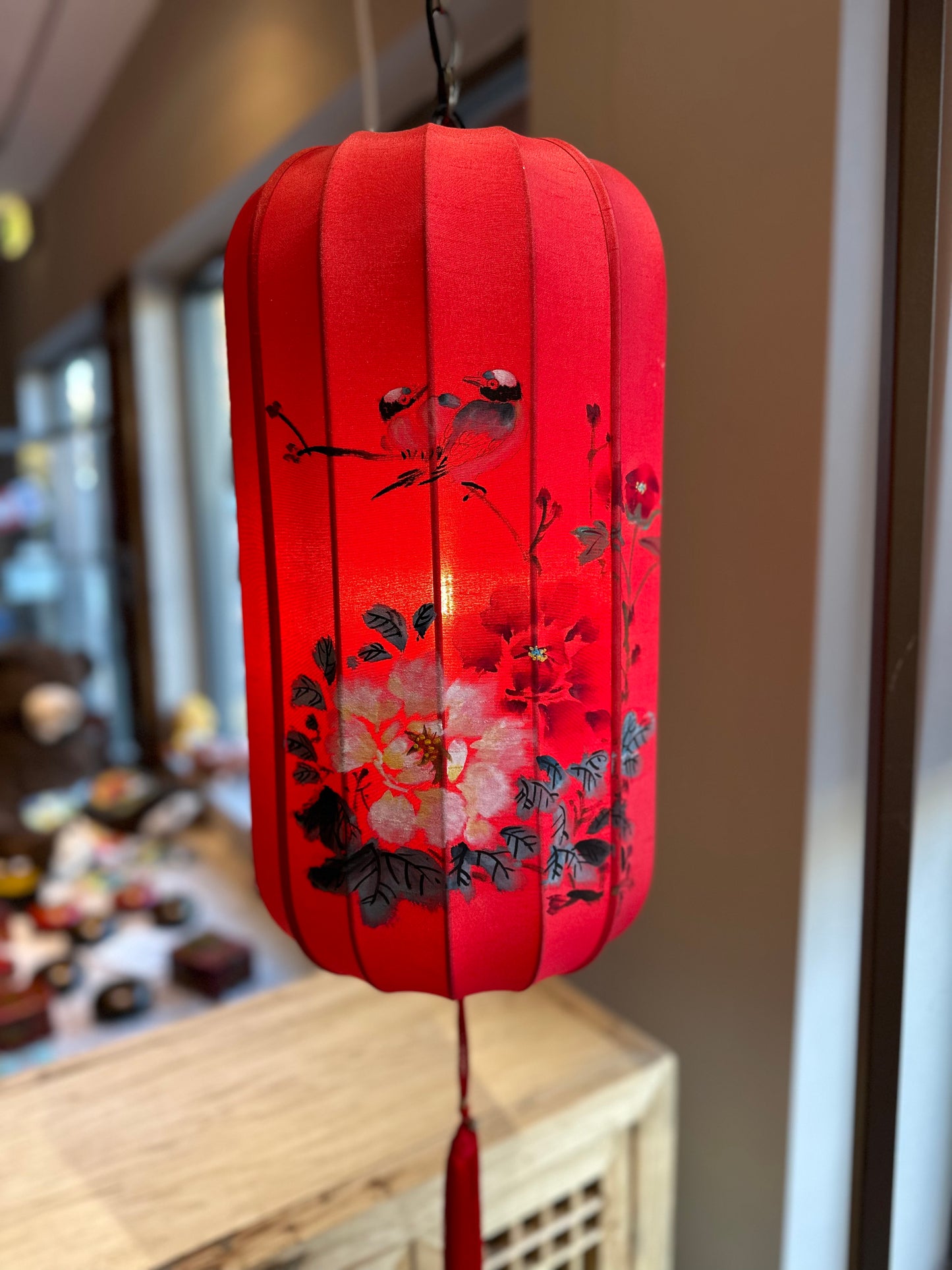 Chinese Prosperity Red Lantern with Antique White Stone Base