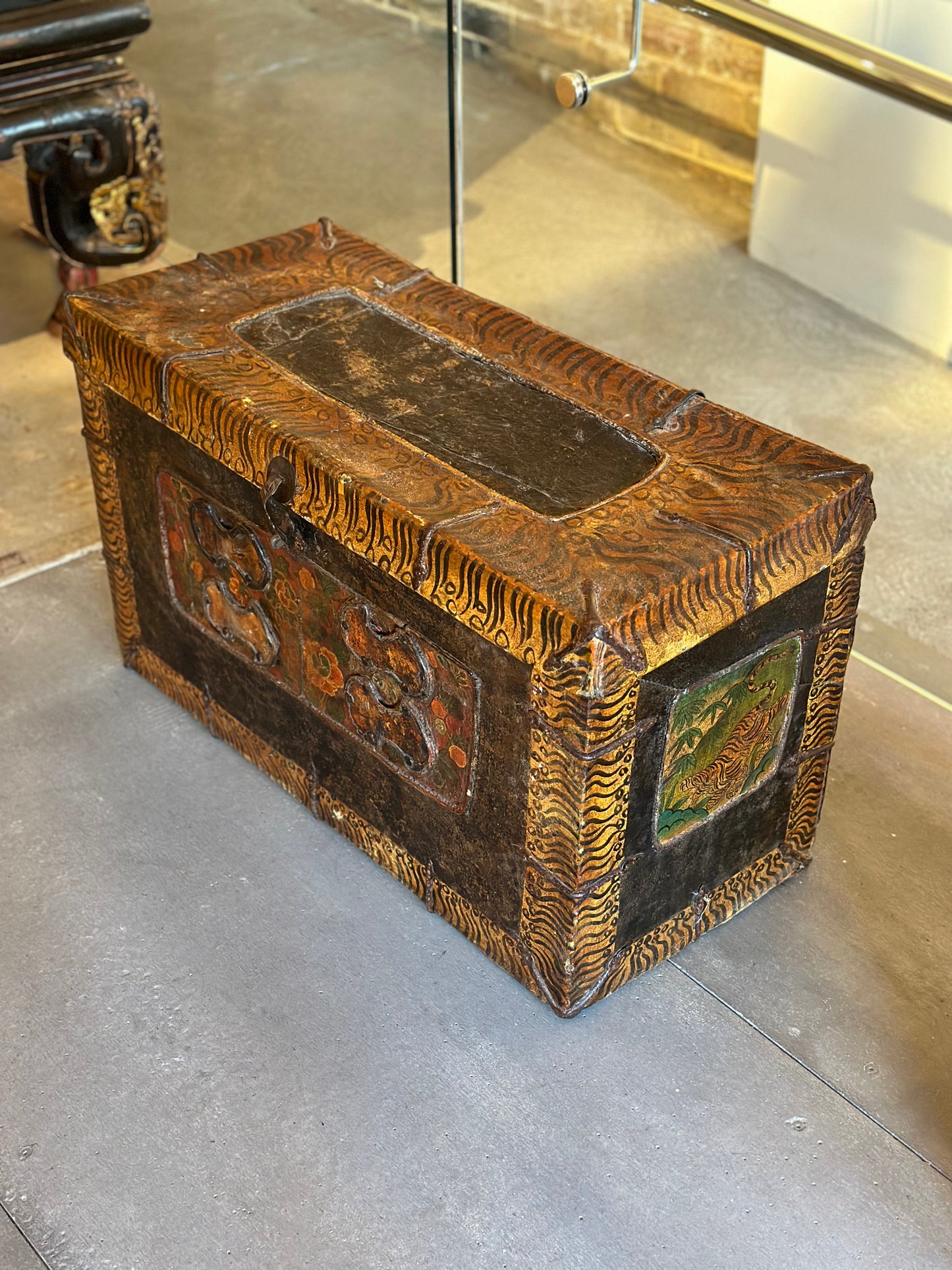 100 Year Old Mongolian Painted Leather Trunk