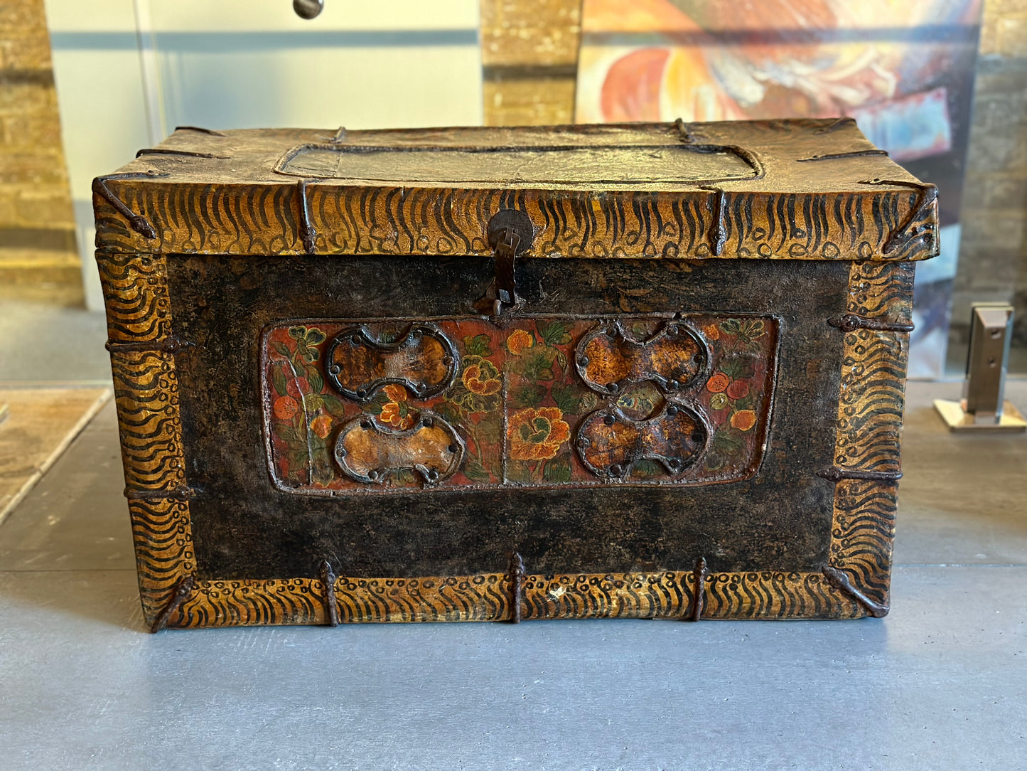 100 Year Old Mongolian Painted Leather Trunk