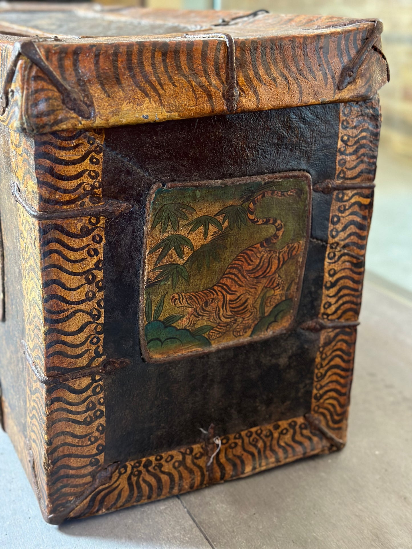 100 Year Old Mongolian Painted Leather Trunk