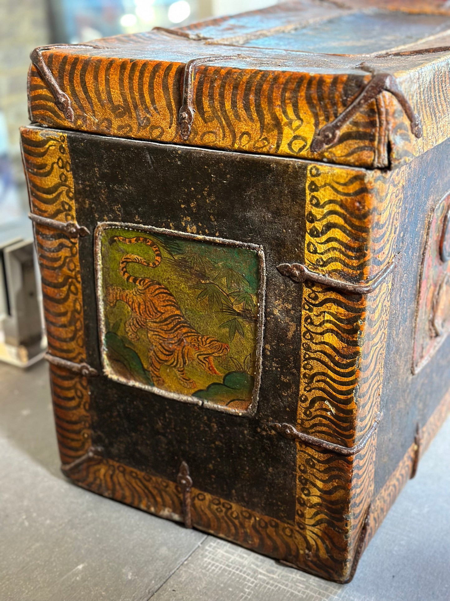 100 Year Old Mongolian Painted Leather Trunk