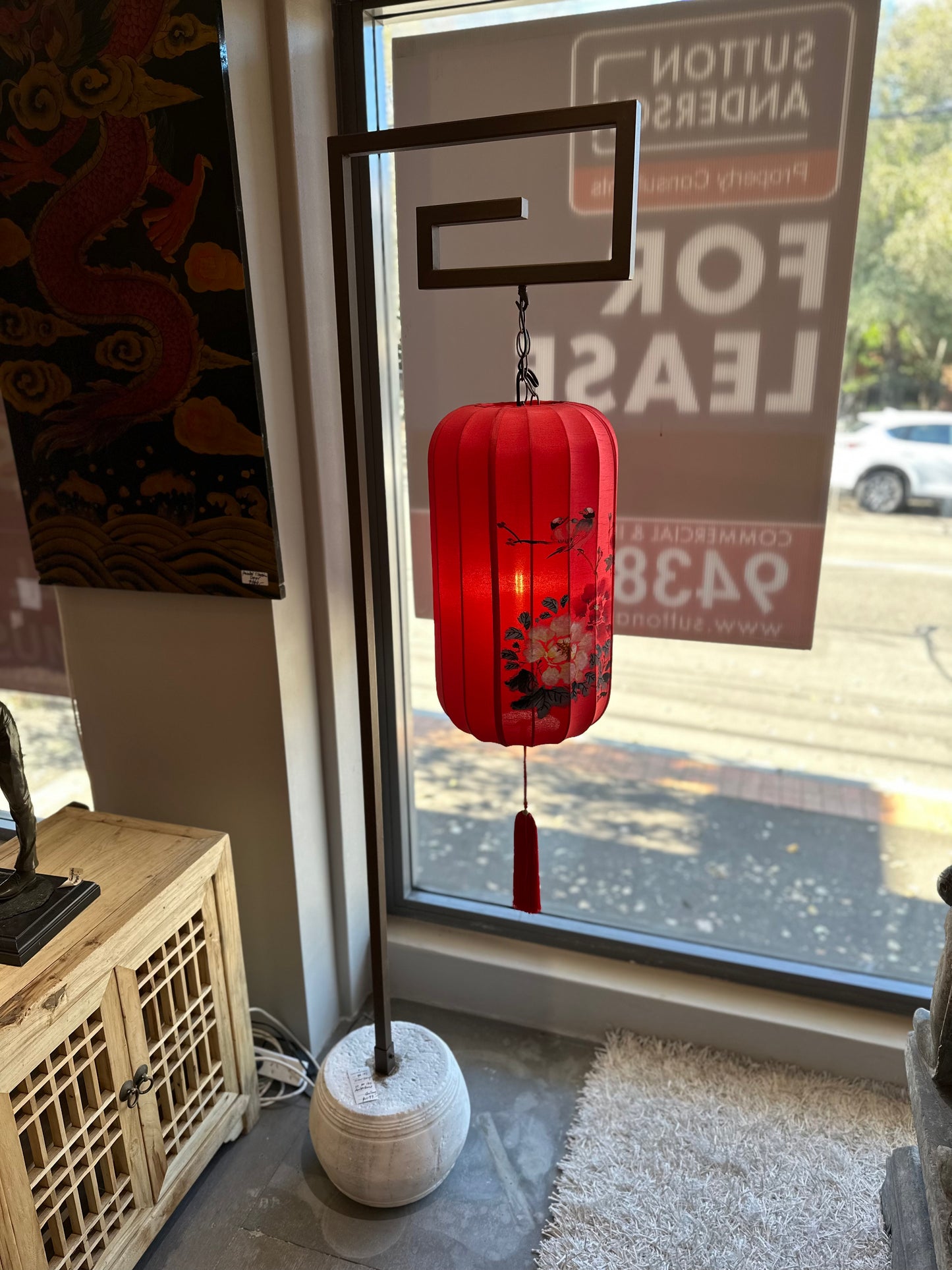 Chinese Prosperity Red Lantern with Antique White Stone Base