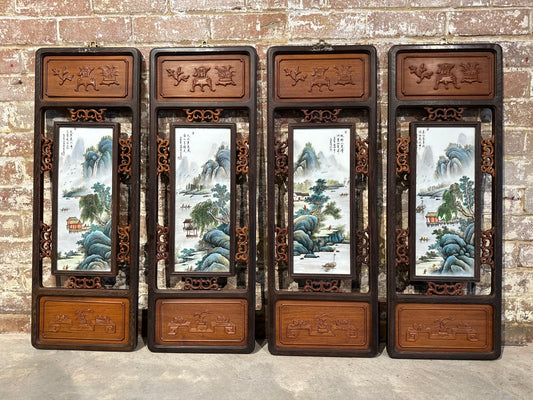 Set of 4 Traditional Chinese Hand-Painted Porcelain panel with Rosewood Frame - Small