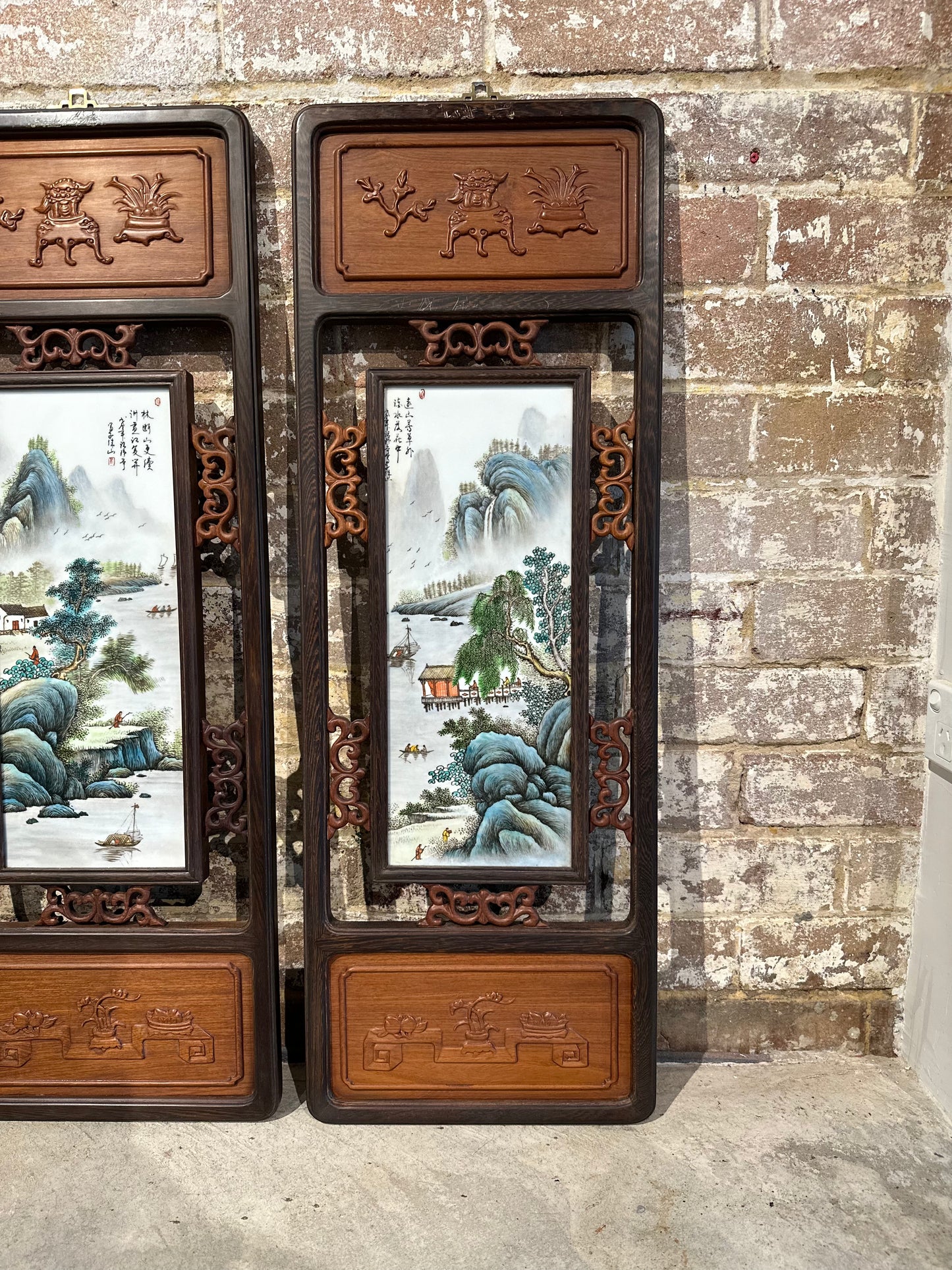 Set of 4 Traditional Chinese Hand-Painted Porcelain panel with Rosewood Frame - Small