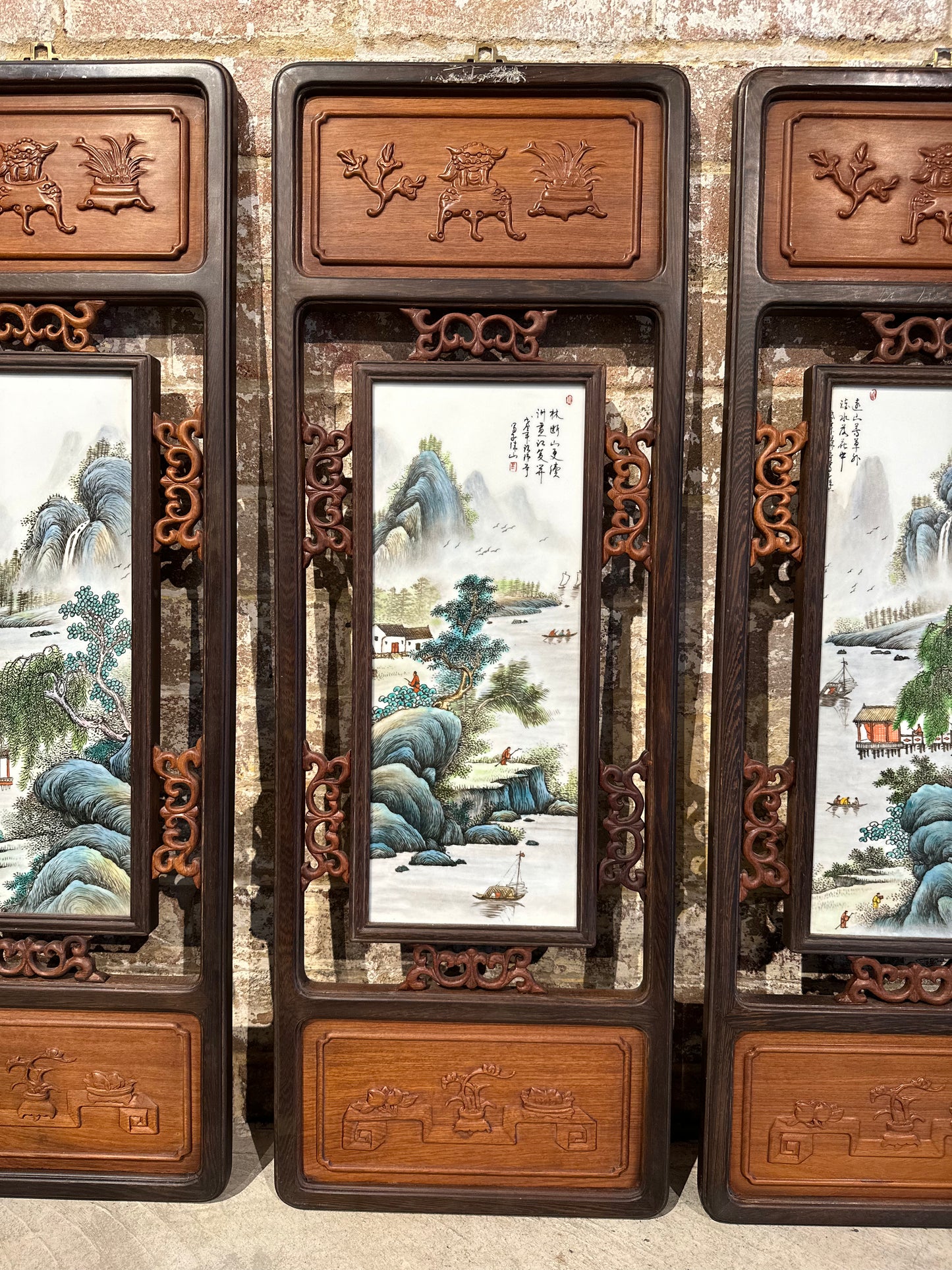 Set of 4 Traditional Chinese Hand-Painted Porcelain panel with Rosewood Frame - Small