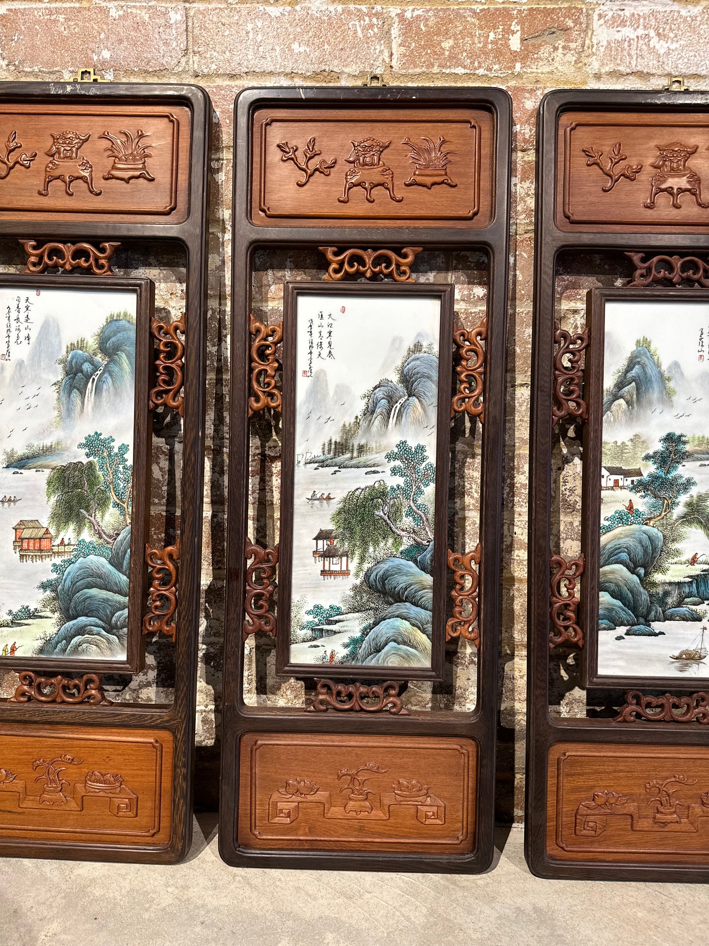 Set of 4 Traditional Chinese Hand-Painted Porcelain panel with Rosewood Frame - Small