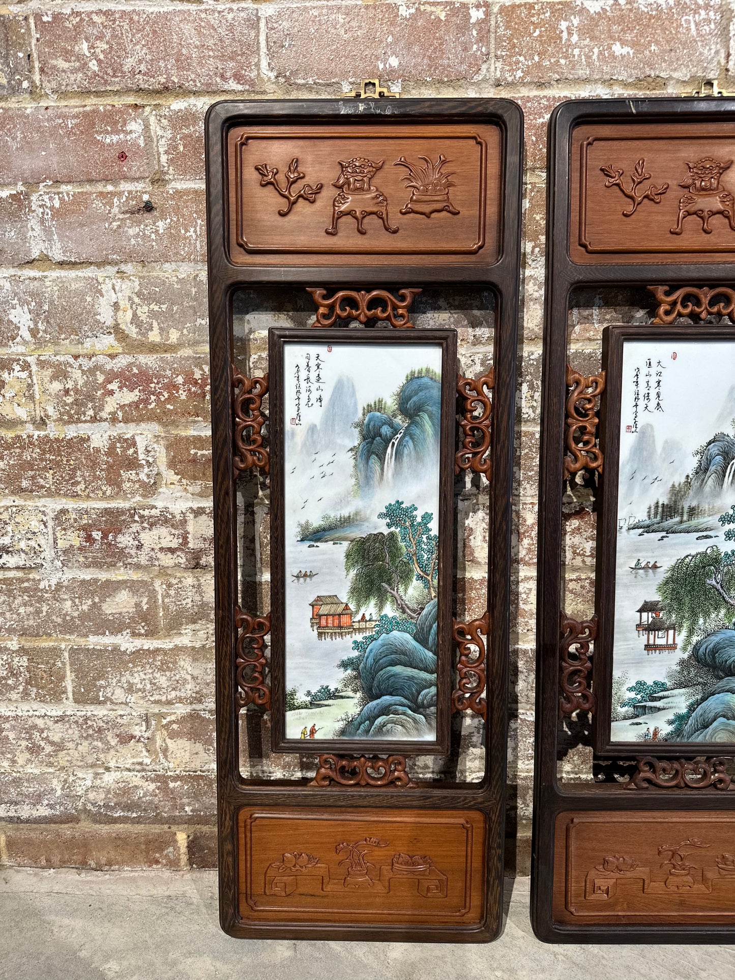 Set of 4 Traditional Chinese Hand-Painted Porcelain panel with Rosewood Frame - Small