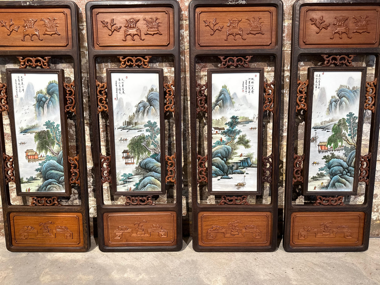 Set of 4 Traditional Chinese Hand-Painted Porcelain panel with Rosewood Frame - Small
