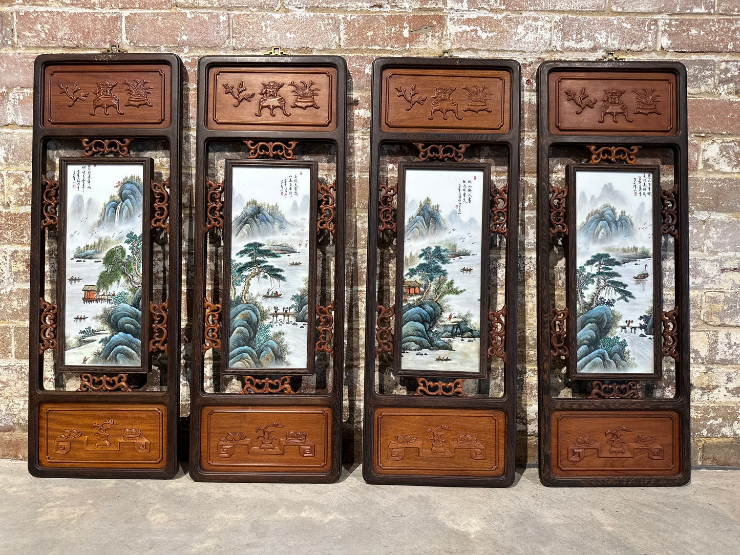 Set of 4 Traditional Chinese Hand-Painted Porcelain panel with Rosewood Frame - Small