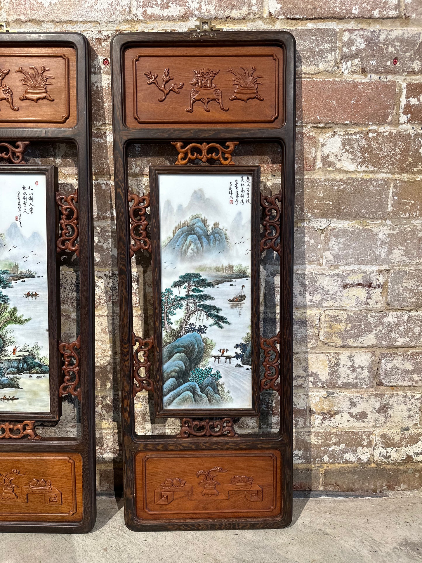Set of 4 Traditional Chinese Hand-Painted Porcelain panel with Rosewood Frame - Small