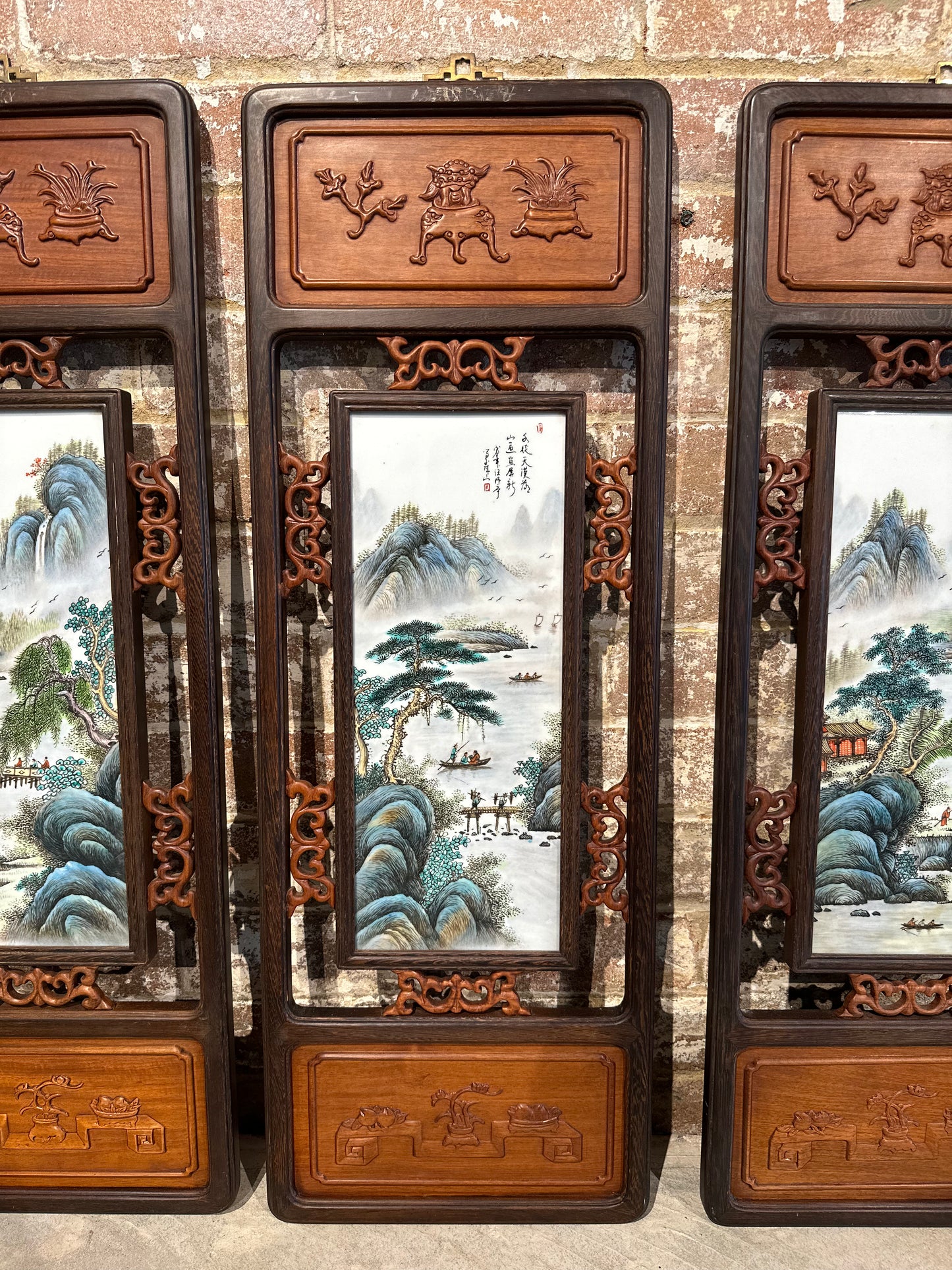 Set of 4 Traditional Chinese Hand-Painted Porcelain panel with Rosewood Frame - Small