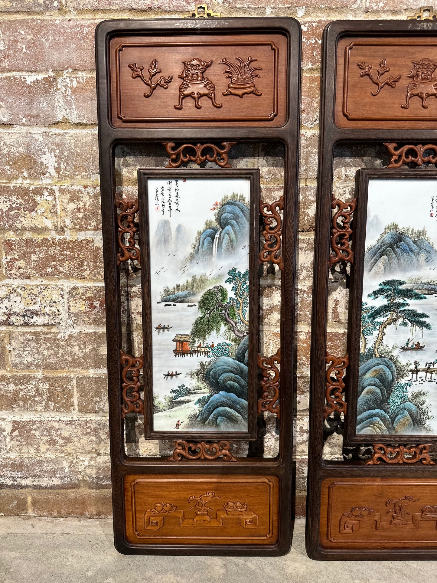Set of 4 Traditional Chinese Hand-Painted Porcelain panel with Rosewood Frame - Small