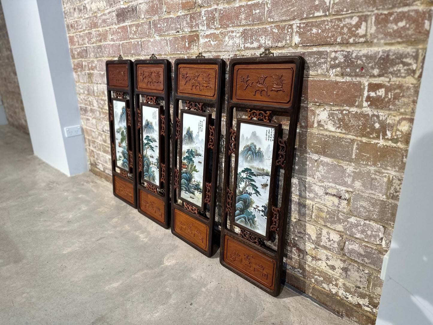 Set of 4 Traditional Chinese Hand-Painted Porcelain panel with Rosewood Frame - Small