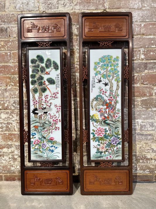 Set of 2 Traditional Chinese Hand-Painted Porcelain Panel in Rosewood Frame - Large