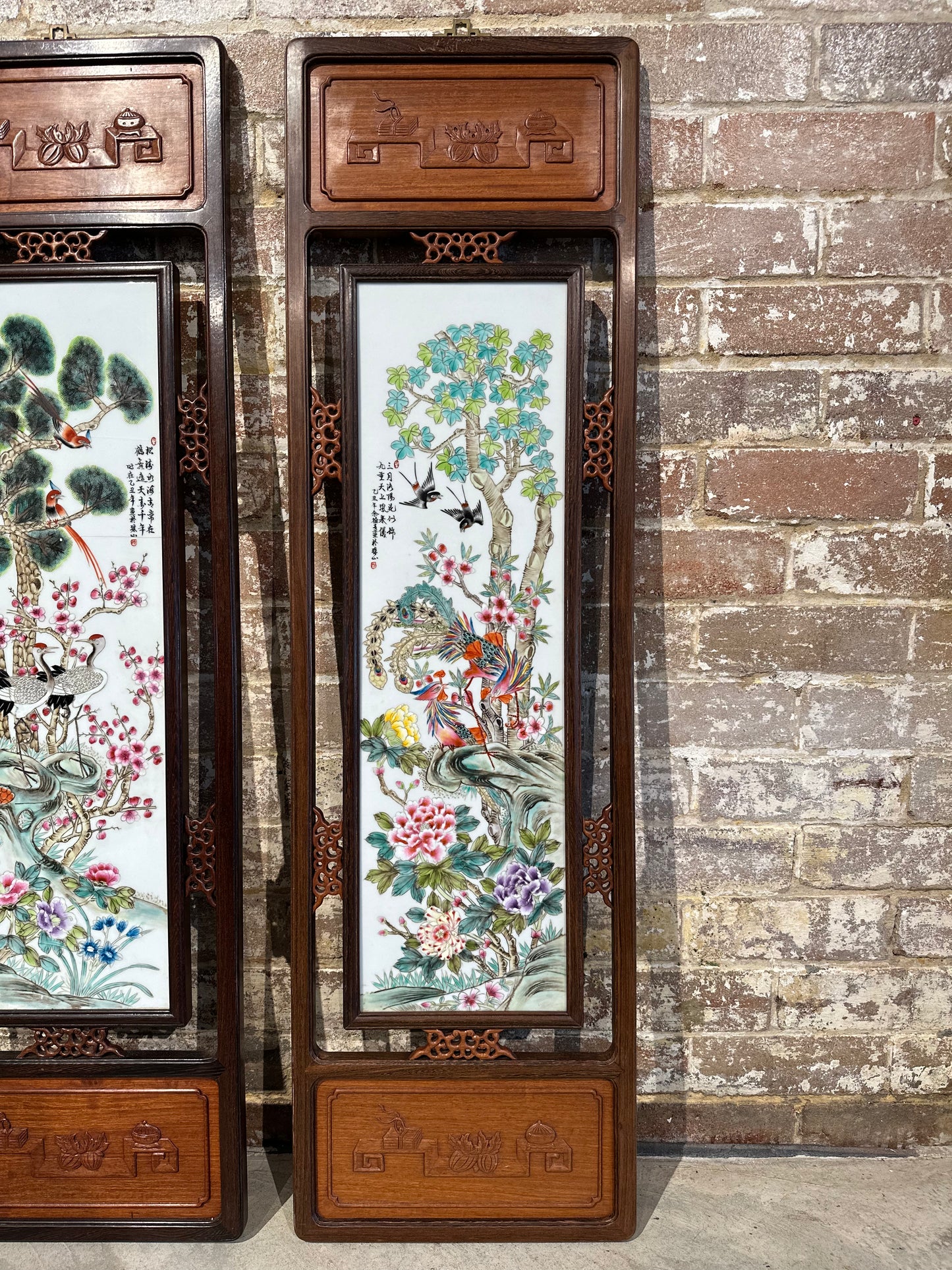 Set of 2 Traditional Chinese Hand-Painted Porcelain Panel in Rosewood Frame - Large
