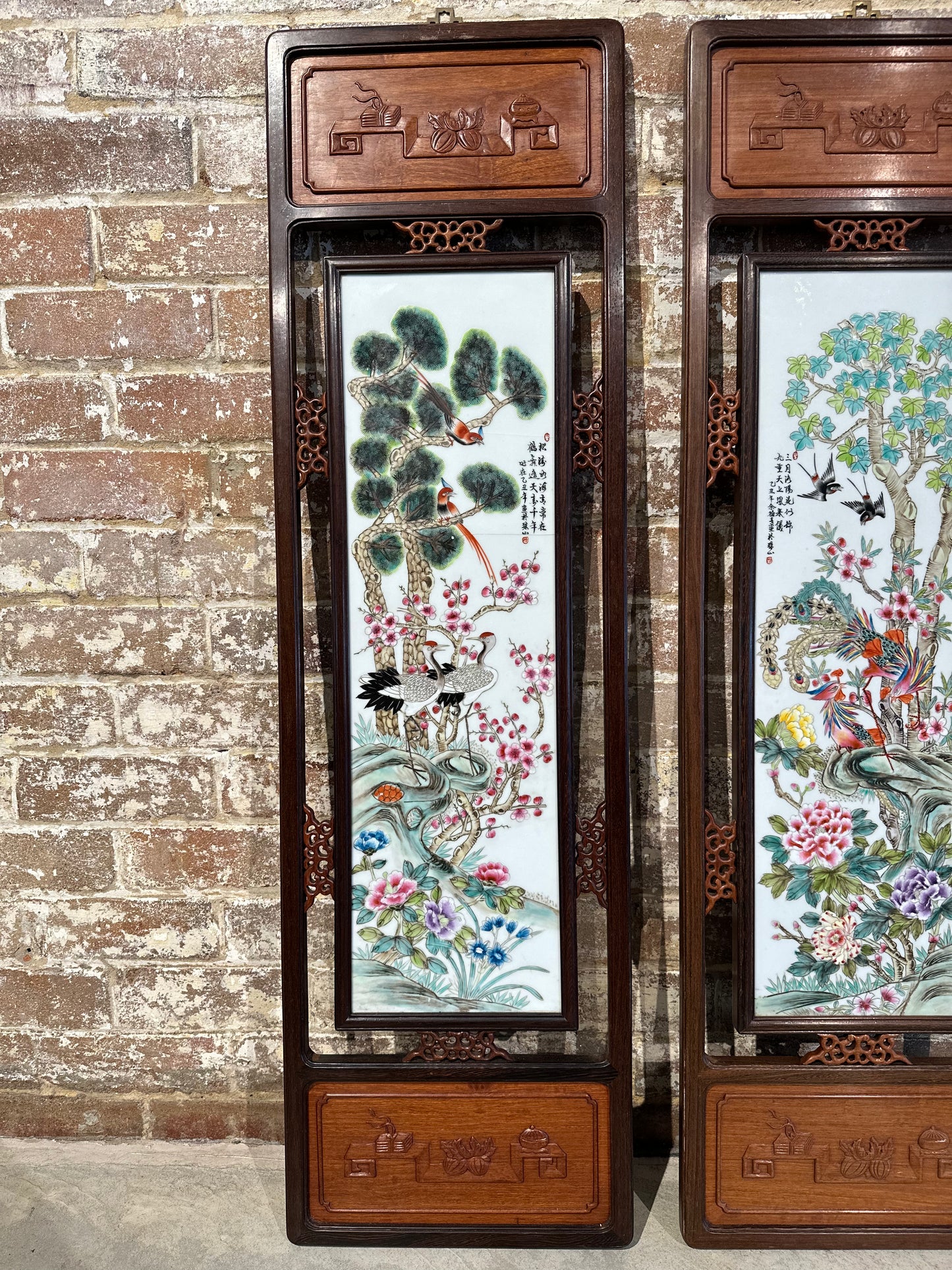 Set of 2 Traditional Chinese Hand-Painted Porcelain Panel in Rosewood Frame - Large