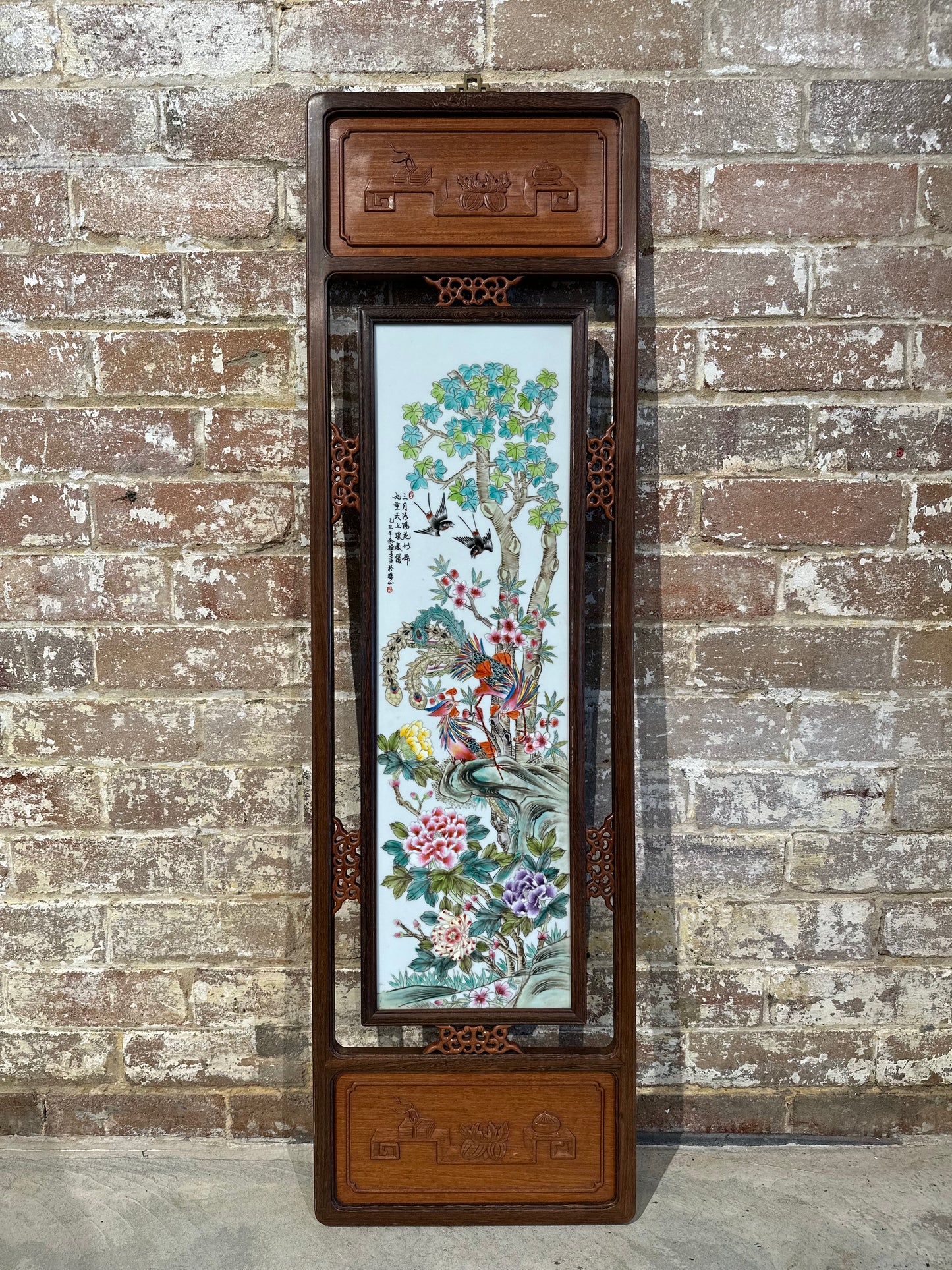 Set of 2 Traditional Chinese Hand-Painted Porcelain Panel in Rosewood Frame - Large
