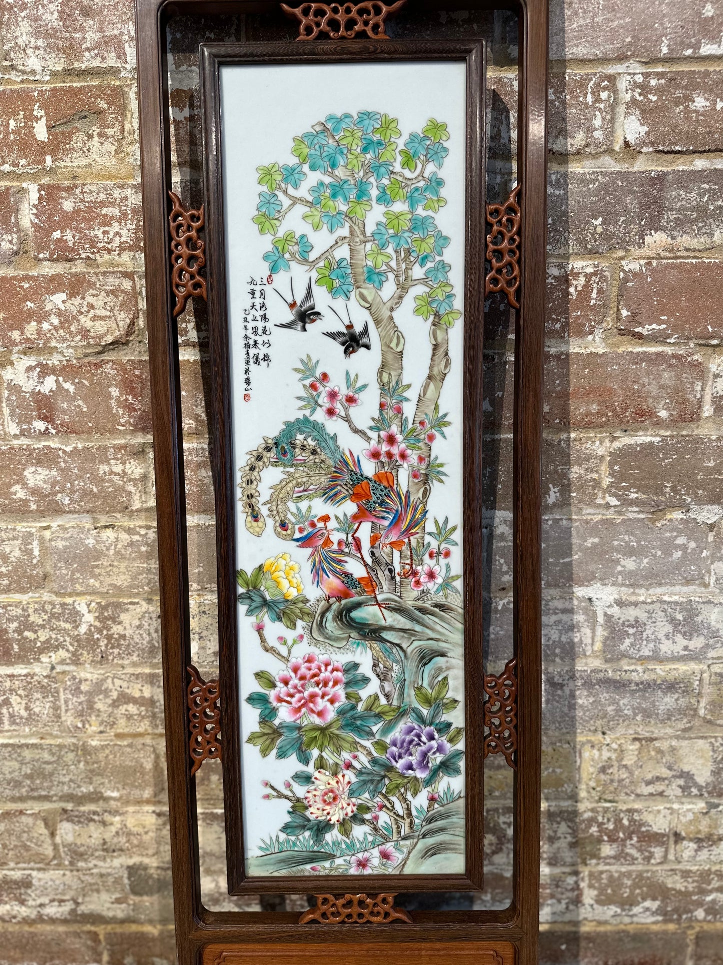 Set of 2 Traditional Chinese Hand-Painted Porcelain Panel in Rosewood Frame - Large