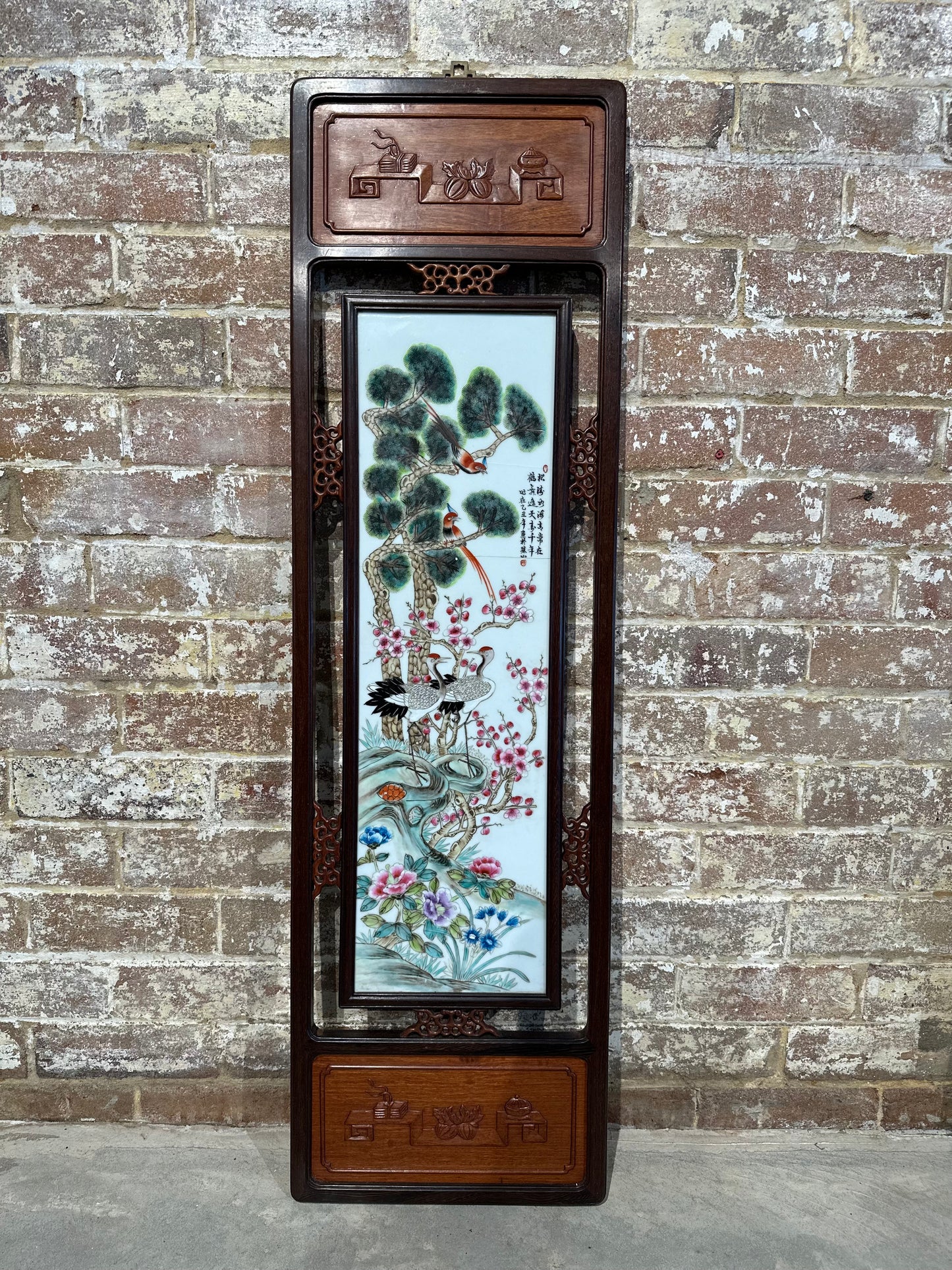 Set of 2 Traditional Chinese Hand-Painted Porcelain Panel in Rosewood Frame - Large
