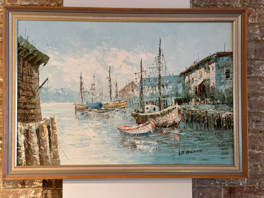 Framed Fishing Dock Harbour Art Oil Painting