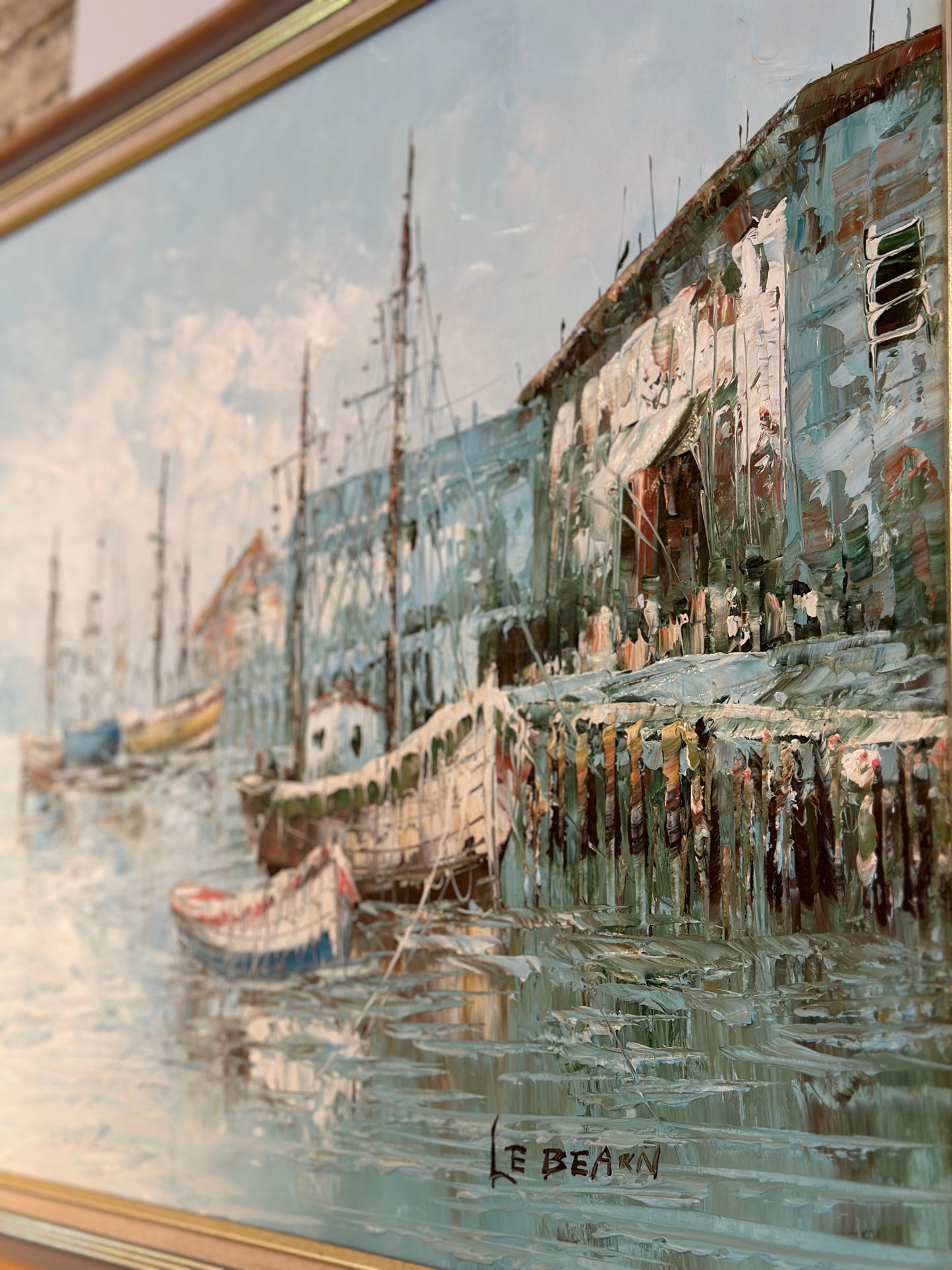 Framed Fishing Dock Harbour Art Oil Painting