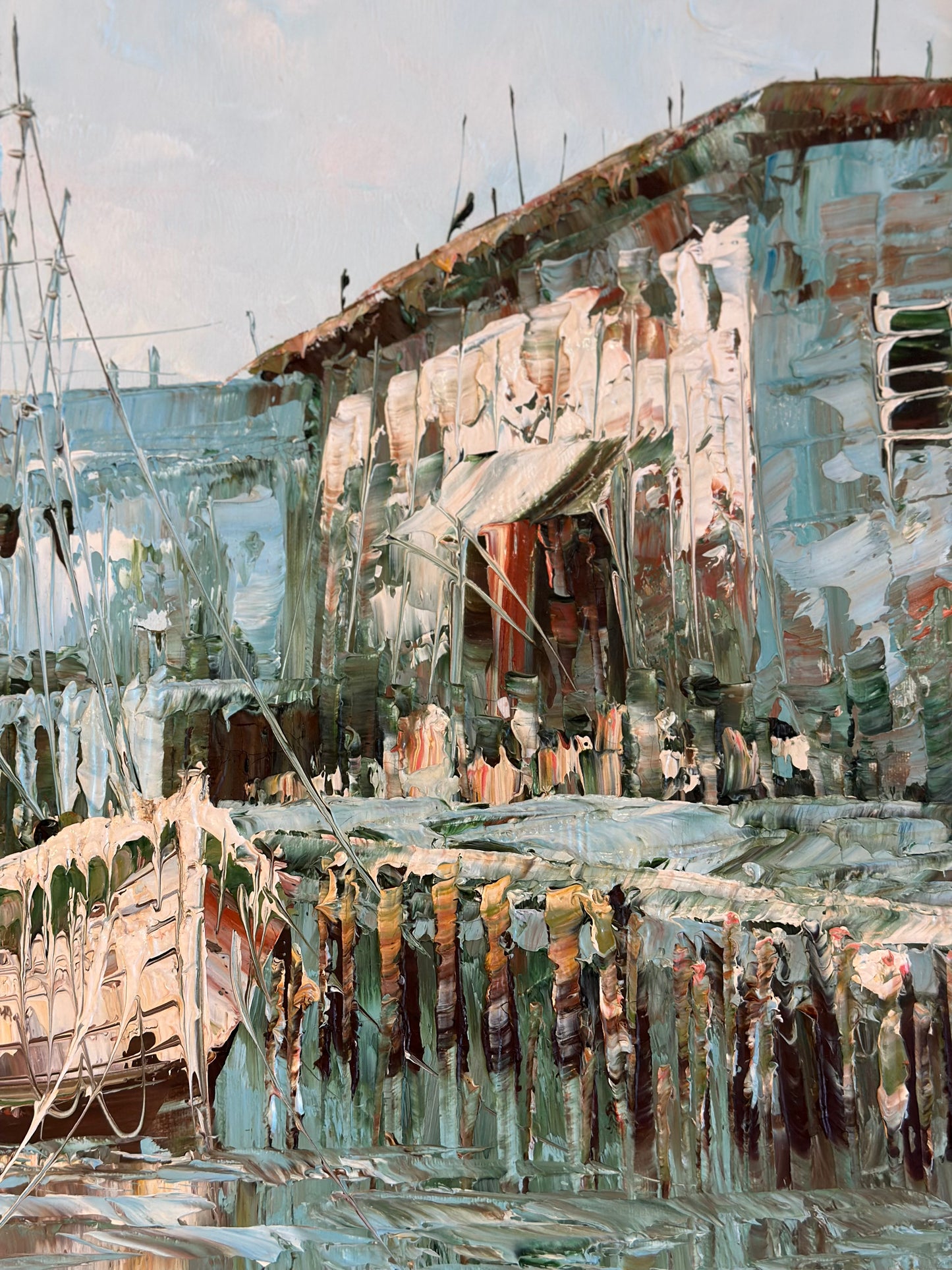 Framed Fishing Dock Harbour Art Oil Painting