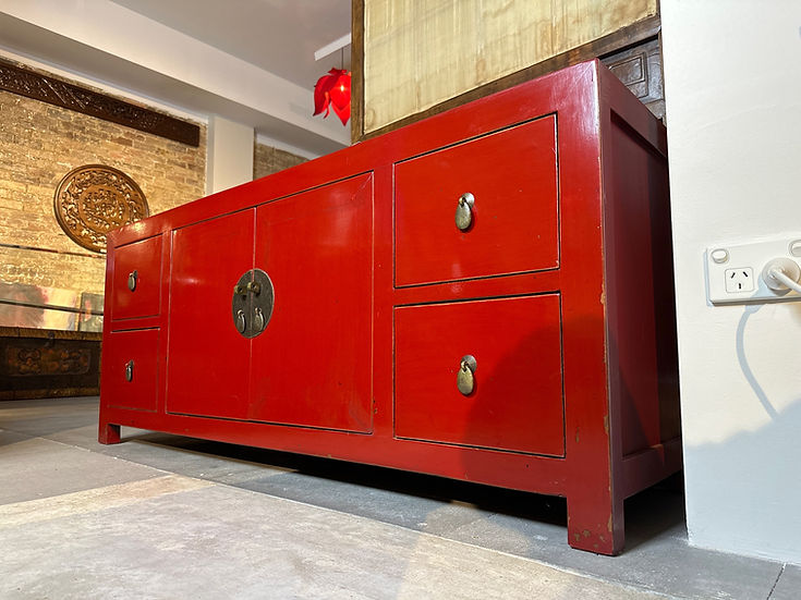 4 Drawer Red Painted Elm Wood Sideboard - Red (S4-1360)