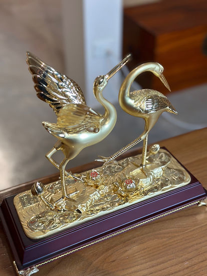 Gold-Painted Copper Swan Statue with Wooden Base