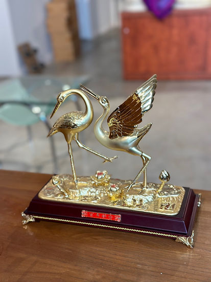 Gold-Painted Copper Swan Statue with Wooden Base