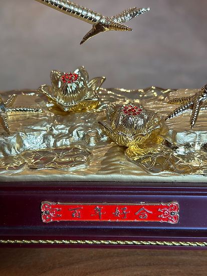 Gold-Painted Copper Swan Statue with Wooden Base