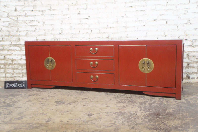 Traditional Chinese Red Painted Elm Wood Sideboard - Red (M6-1360)